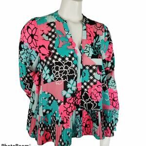 Kaari Blue S Multicolor Popover Blouse Neon Floral Art Pleats Long Sleeve Light